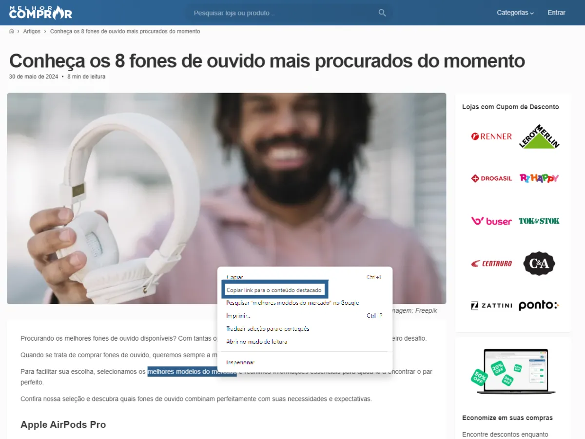 Como copiar um link direto para conteúdo destacado