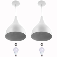 2 Lustres Pendente Gota Pequena Alumínio 21cm Branca + Lampadas