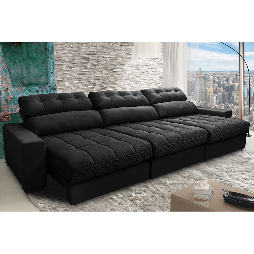 Sofá Retrátil e Reclinável com Molas Ensacadas Cama Inbox Master 3,52m Tecido Suede Preto - Preto