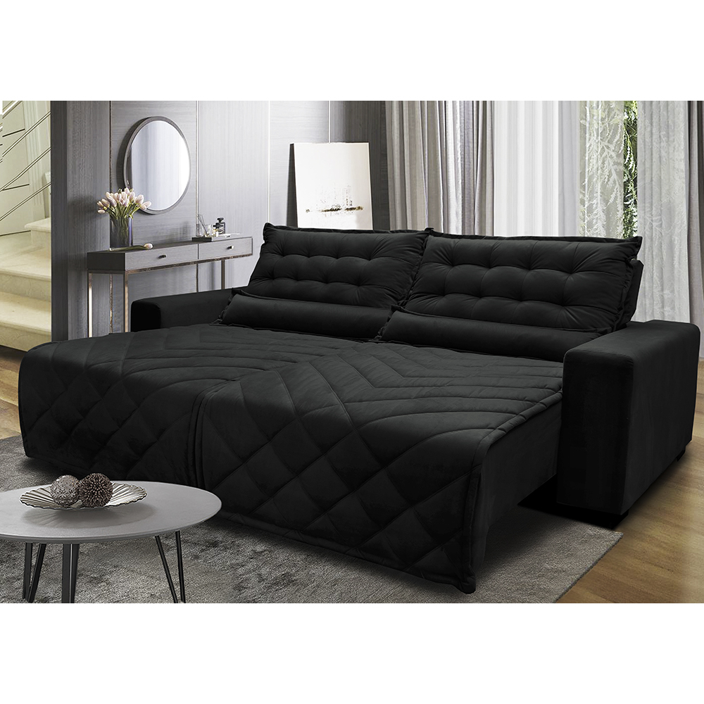 Sofá 2,42m Retrátil e Reclinável com Molas Cama inBox Plus Tecido Suede Velusoft Preto