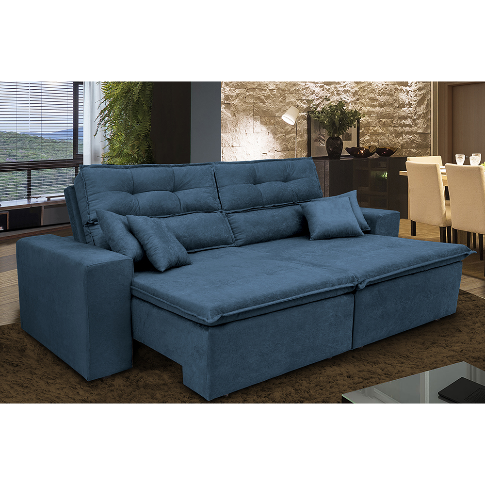 Sofá Cairo 2,32m Retrátil, Reclinável com 4 Almofadas Tecido Suede Azul - Cama InBox