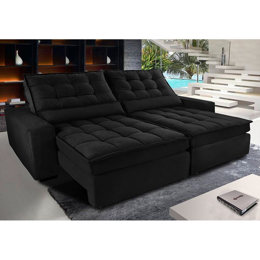 Sofá Retrátil e Reclinável com Molas Ensacadas Cama inBox Gold 2,52m Tecido Suede Velusoft Preto