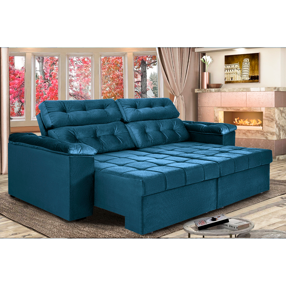 Sofá New Itália 2,52m Retrátil e Reclinável Tecido Suede Azul - Cama InBox