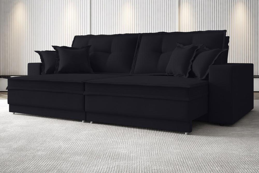 Sofá Palermo 2,20m Retrátil e Reclinável Velosuede Preto - NETSOFAS