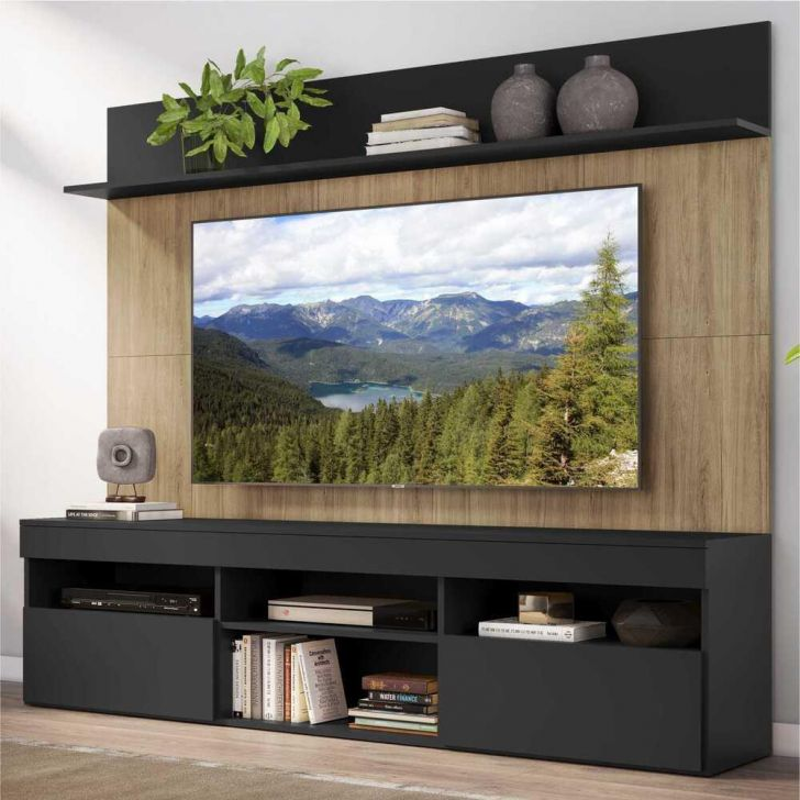 Rack com Painel TV 65" Madri Multimóveis Preto/Rustic com Suporte e Prateleira Preta