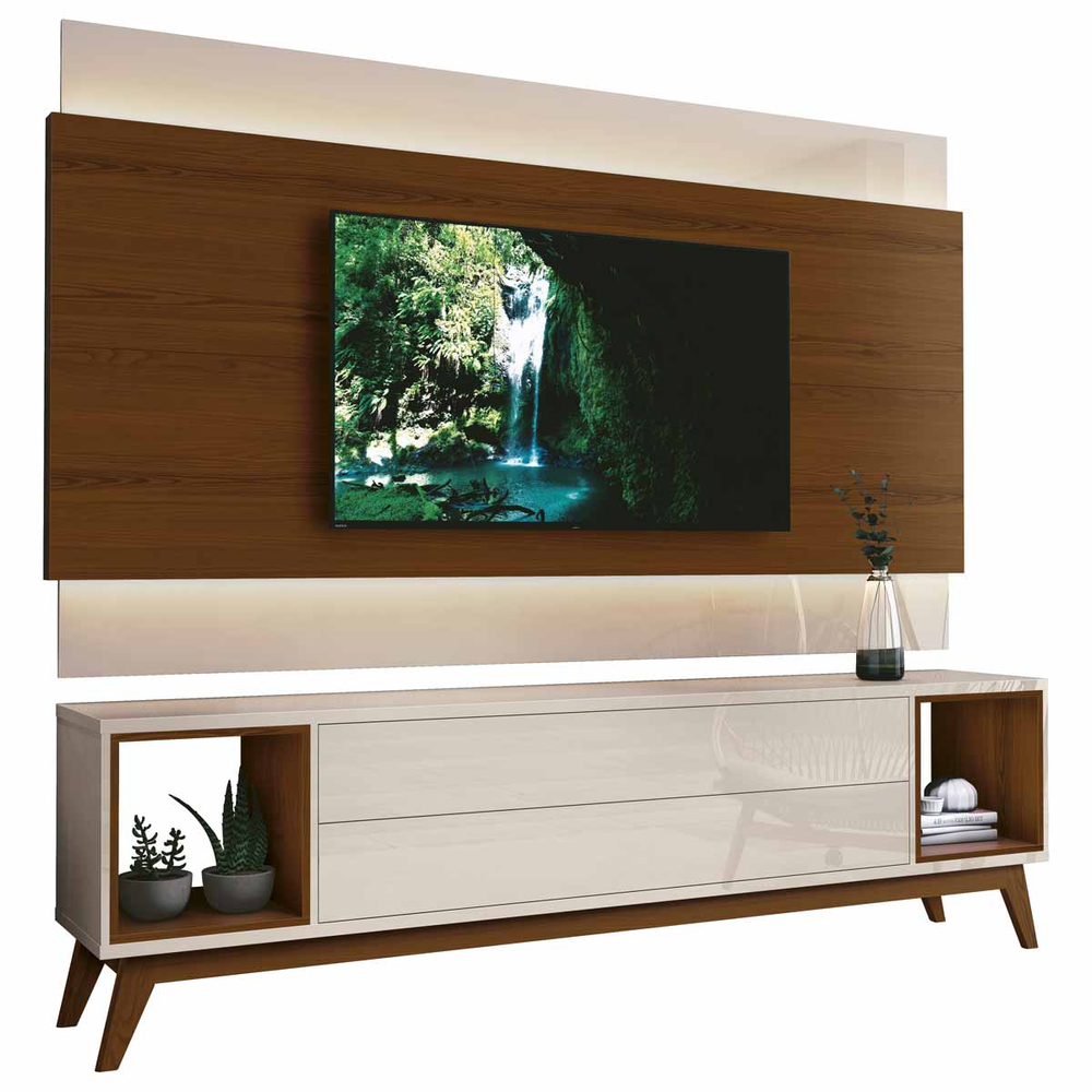 Rack com Painel Delux 1.8 com LED Off White com Natural - MoveisAqui