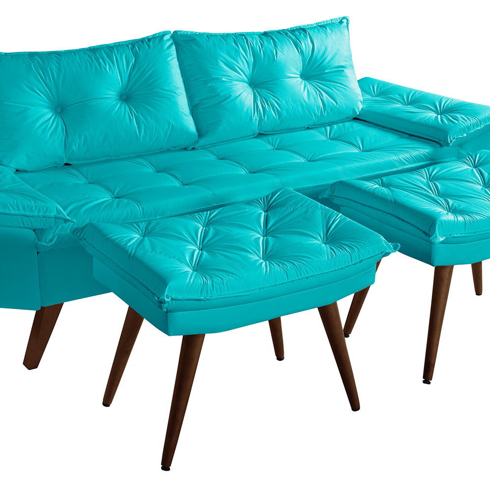 Sofa Bariloche 3 Lugares + 2 banquetas Retro Courino Azul Turquesa Couro Sintetico Essencial Estofados