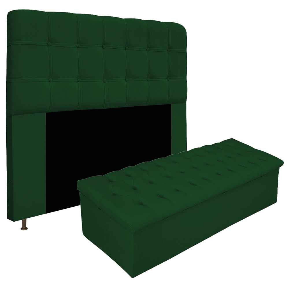 Kit Cabeceira e Calçadeira Baú Estofada Mel 140 cm Casal Com Capitonê Suede Verde - Amarena Móveis