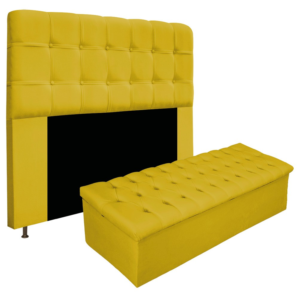 Kit Cabeceira e Calçadeira Baú Estofada Mel 195 cm King Size Com Capitonê Suede Amarelo - Amarena Móveis