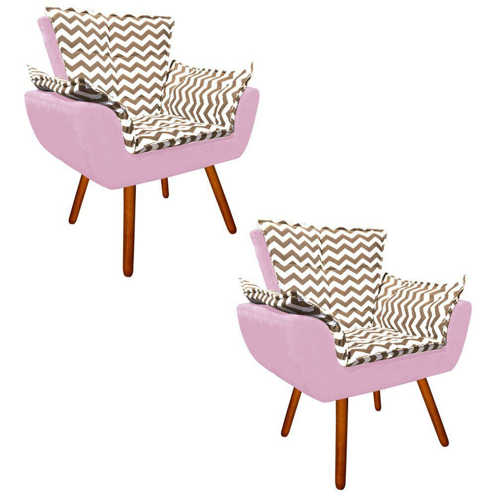 Kit 02 Poltronas Opala Zig Zag Bege D81 e Suede Rosa Bebê Pés Palito Castanho D'Rossi