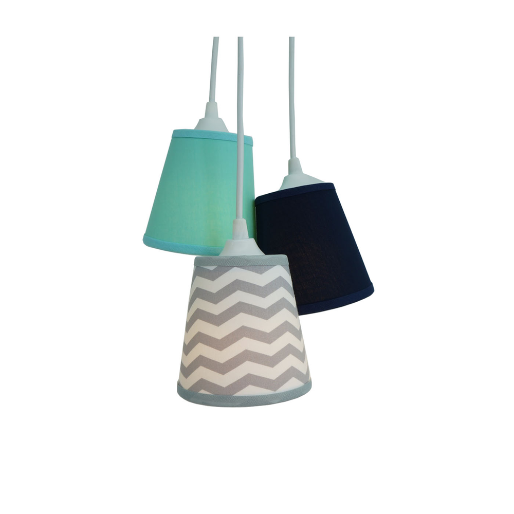 Lustre Pendente Triplo Bebê Chevron Cinza, Azul Marinho e Verde