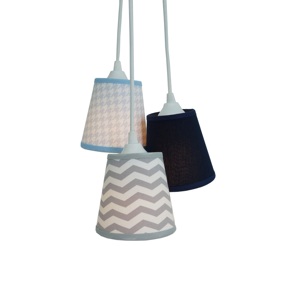 Lustre Pendente Triplo Bebê Chevron Cinza, Azul Marinho e Pied Poule Azul