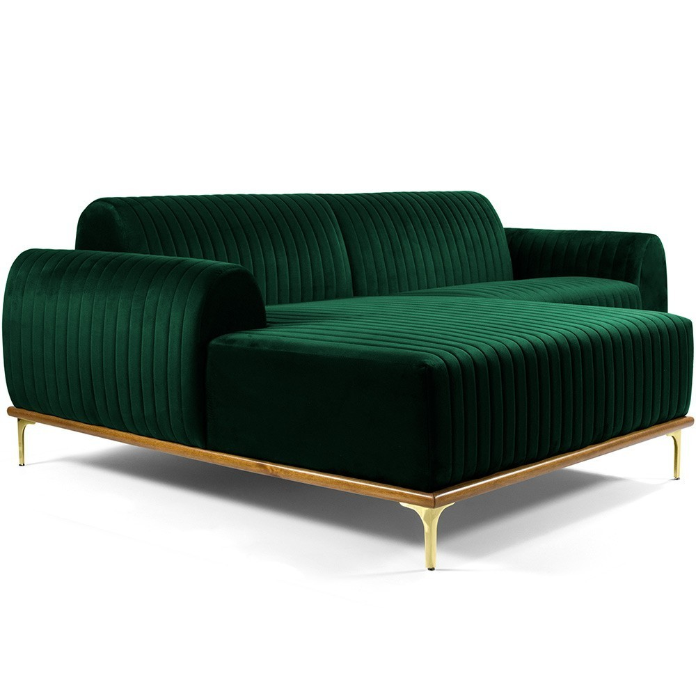 Sofá 3 Lugares com Chaise Esquerdo Para Sala Molino 230 cm D02 Veludo Verde Musgo C-303 - Lyam Decor