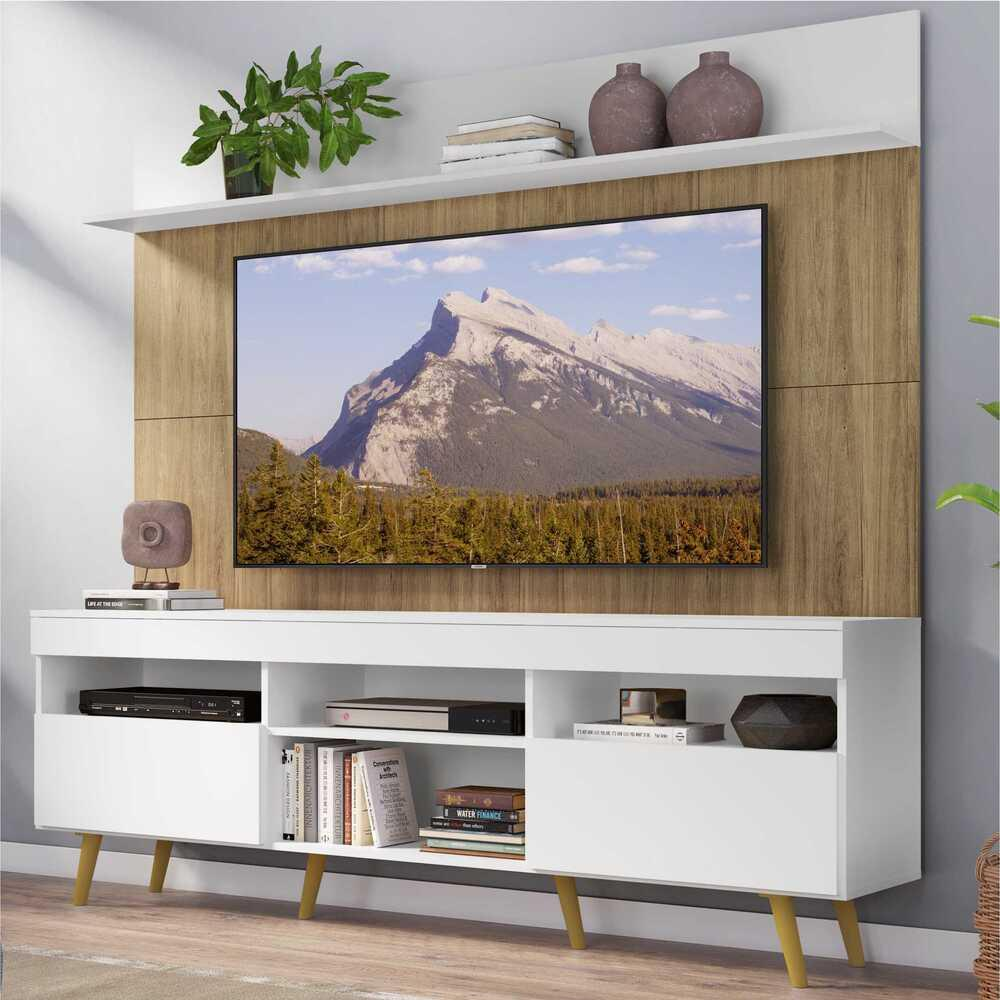 Rack com Painel e Suporte TV 65" Madri Multimóveis Branco/Rustic com Prateleira e Pés Retrô Natural