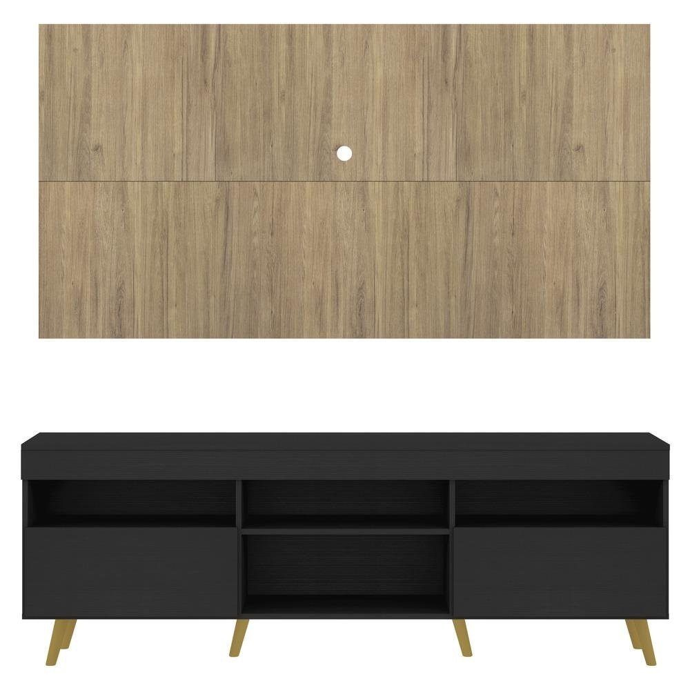 Rack com Painel TV 65" Londres Multimóveis Pés Retrô e 2 portas Preto/Rustic/Natural