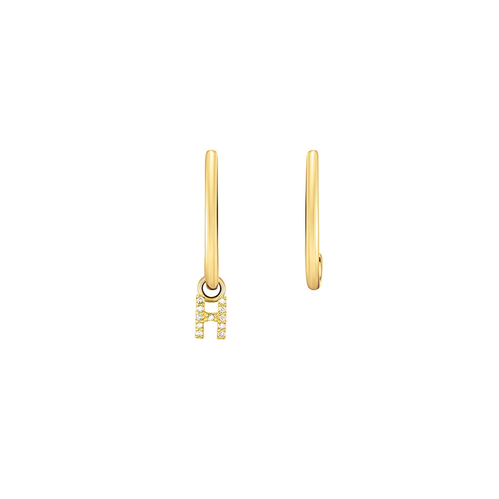 Brinco Letra H em Ouro Amarelo 18k com Diamantes