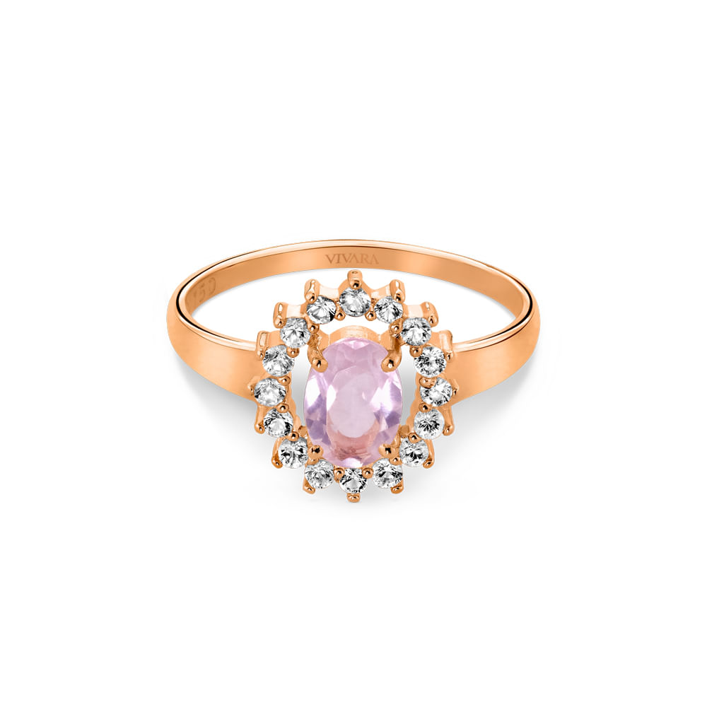 Anel Kate em ouro rosé 18k com Quartzo Rosa e Safiras