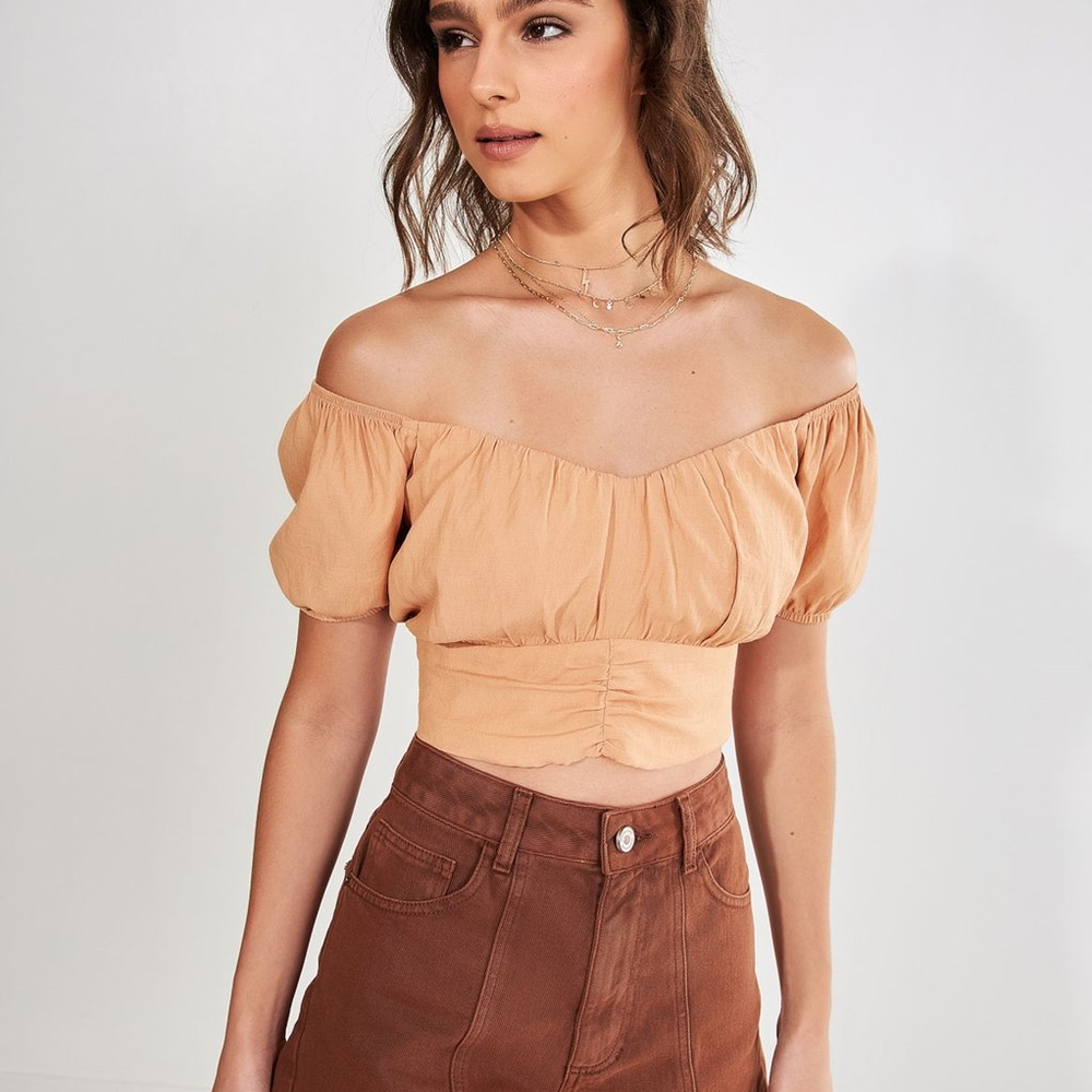 Blusa Cropped Manga Bufante E Amarração