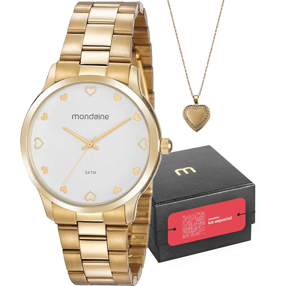 Kit Relógio Mondaine Feminino com Colar Folheado a Ouro 32111LPMVDE1K2