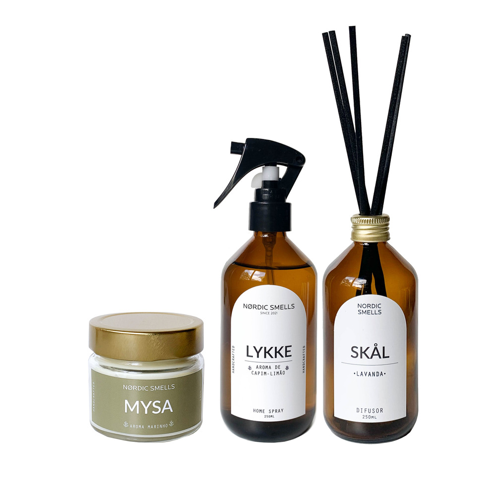 Kit Combo Aromatizador, Vela Aromática e Difusor de Ambiente Aromas de Capim-limão, Aroma Marinho e Lavanda