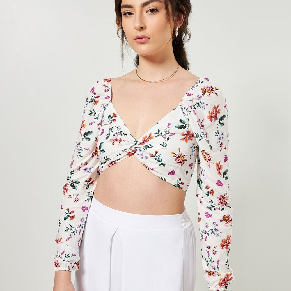 Cropped Manga Longa Off-White Floral