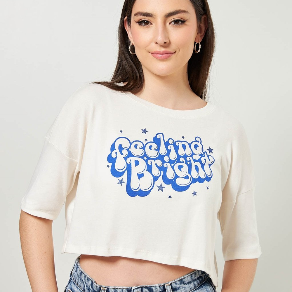 Camiseta Cropped Off-White Escrito Azul