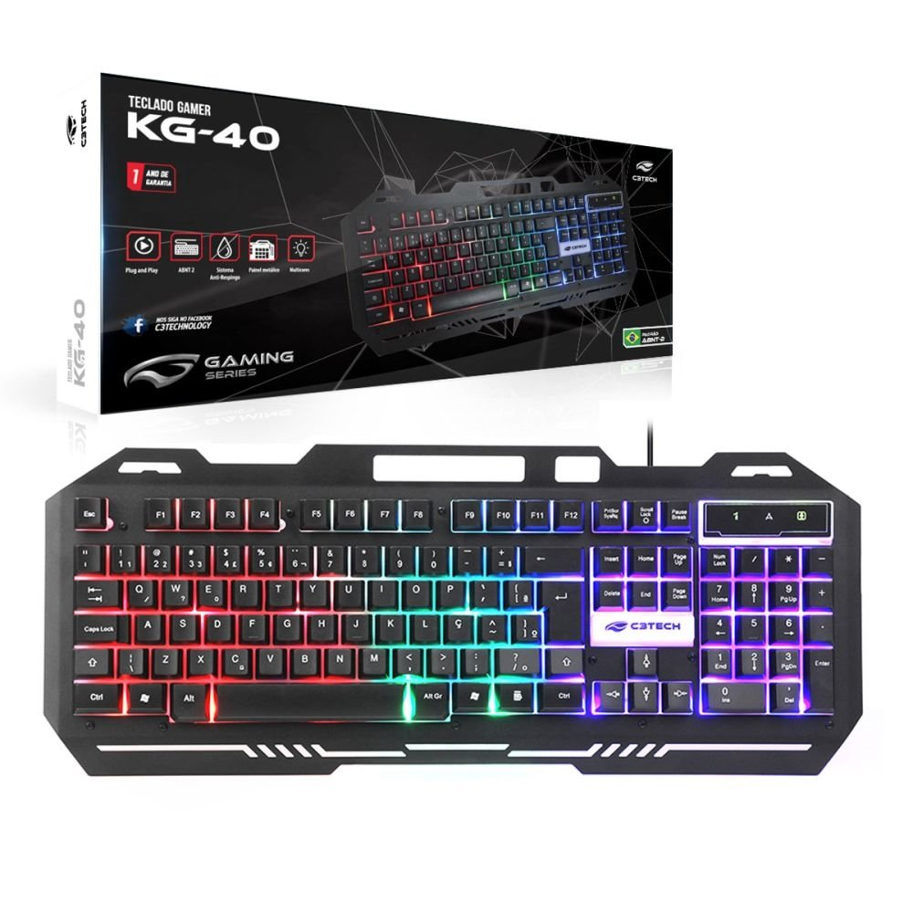 Teclado Gamer C3Tech KG-40BK, USB 2.0, ABNT2, LED RGB, Preto