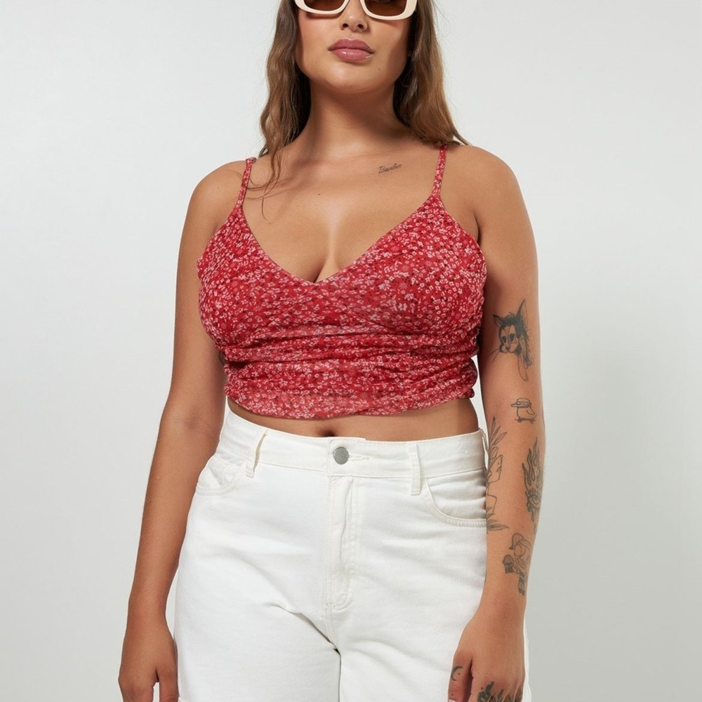 Cropped Com Tule Vermelho Estampado