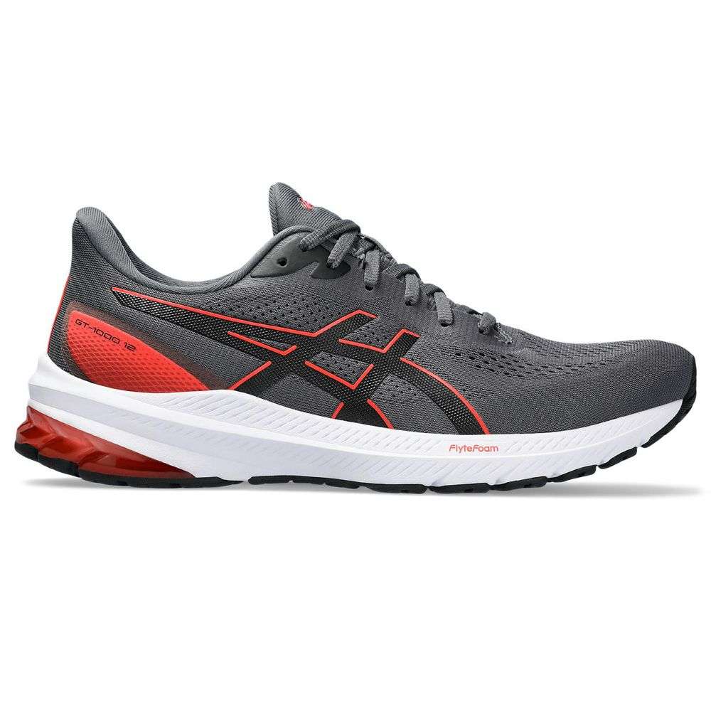 Tênis ASICS GT-1000 12 - Masculino - Cinza e Preto com Branco e Vermelho