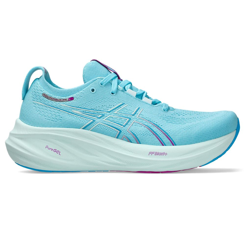 Tênis ASICS GEL-Nimbus 26 - Feminino - Azul com Verde e Roxo