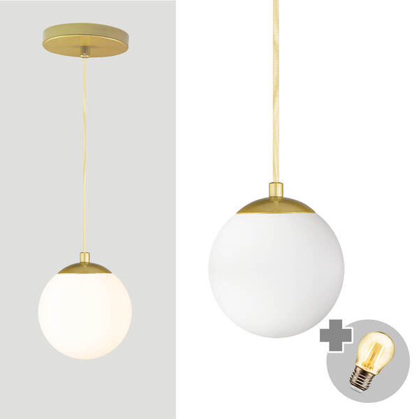 Pendente OURO C/ Globo de Vidro BRANCO de 14cm + LED 2W