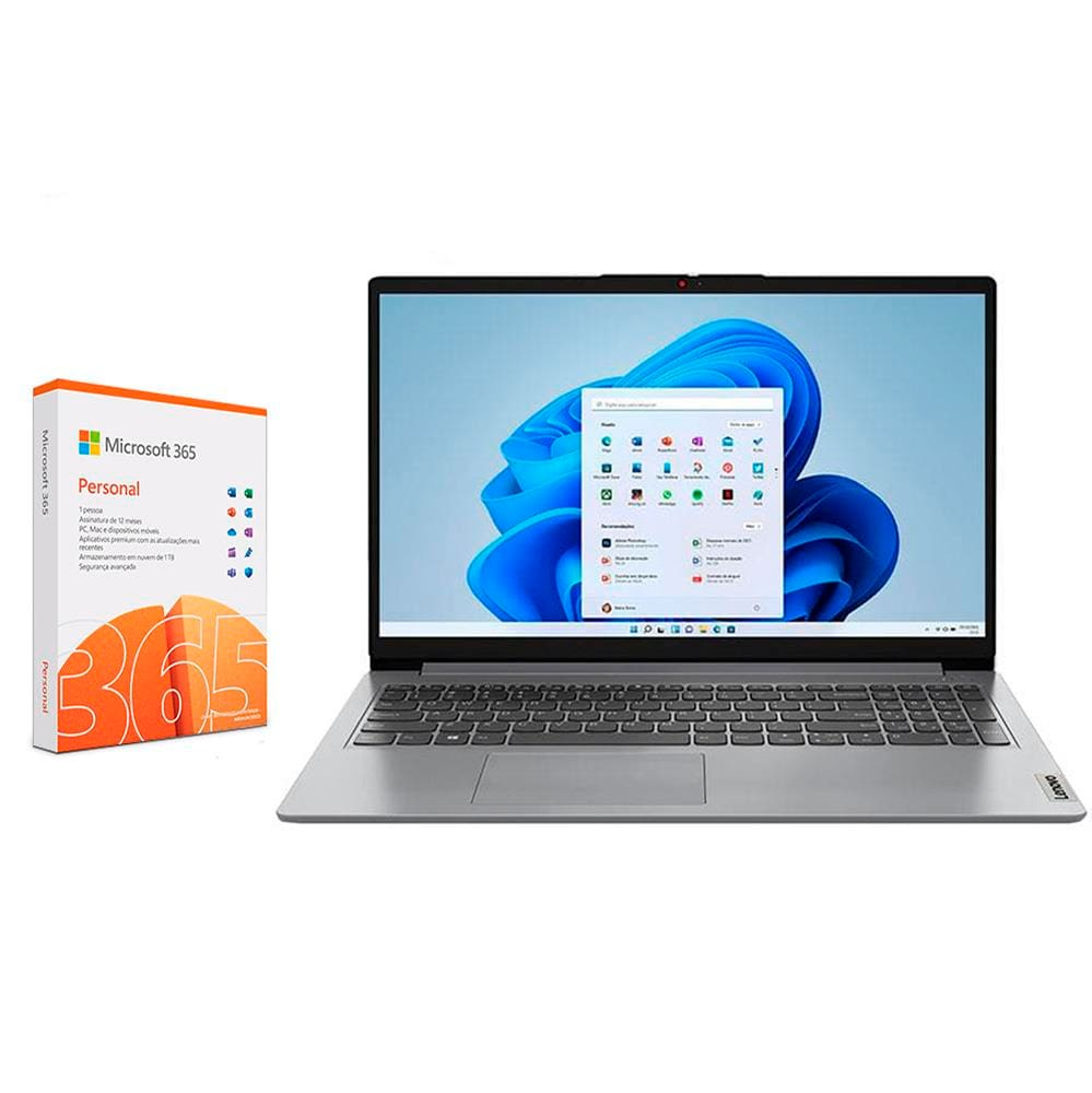 Notebook Lenovo IdeaPad 1i Intel Core i7 12° Geração 12GB RAM 512GB SSD Tela HD 15,6" Windows 11 - 82VY000PBR + Microsoft 365 Personal 1TB