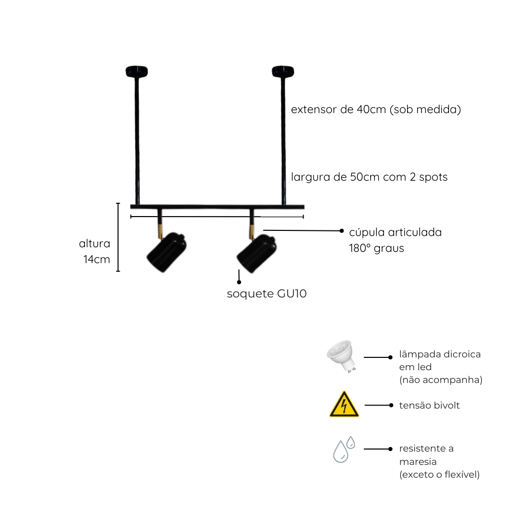 Trilho de Teto com 2 Spots Ewa Preto com Extensor 50cm