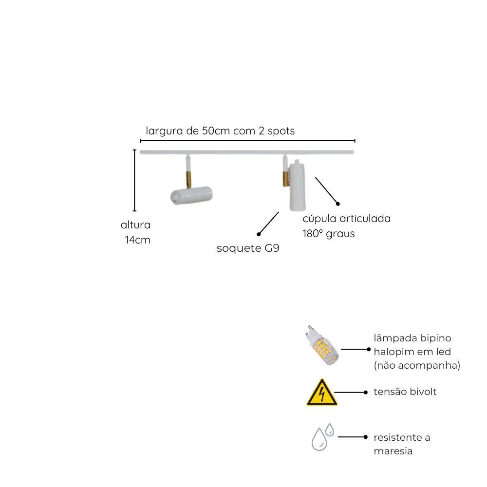 Trilho de Teto com 2 Spots Amaya Branco 50cm