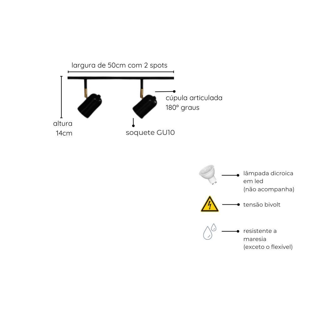 Trilho de Teto com 2 Spots Ewa Preto 50cm