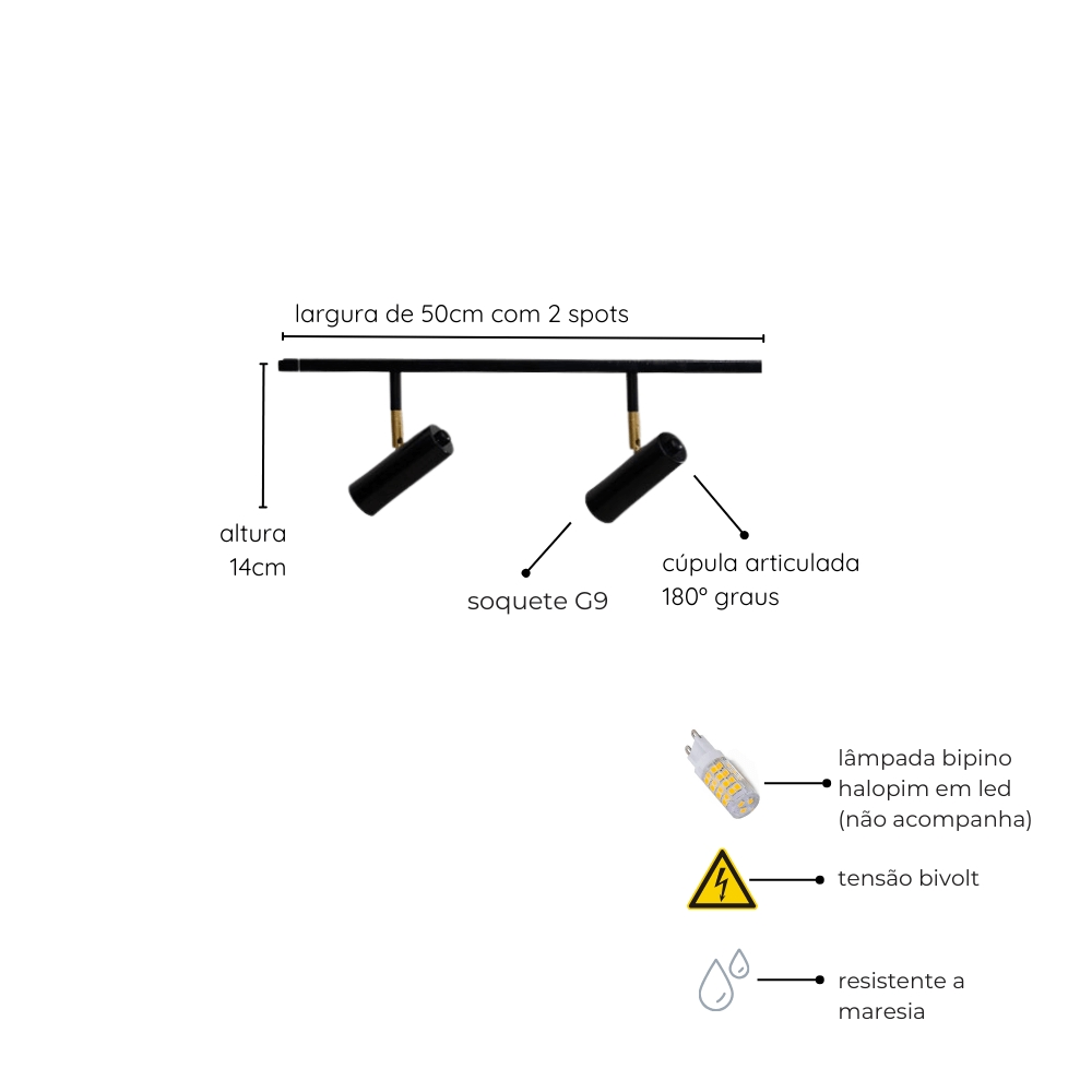 Trilho de Teto com 2 Spots Amaya Preto 50cm
