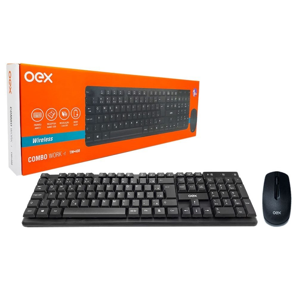 Kit Teclado e Mouse OEX, Wireless, 2.4Hz, ABNT2, 1200 DPI, Preto- TM408