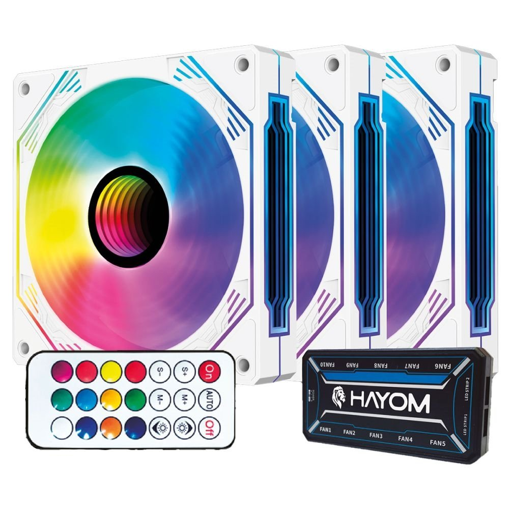 Kit Cooler Fan Hayom, RGB, 3x 120mm, Controladora, Branco - FC1309 Kit Cooler Fan Hayom, RGB, 3x 120mm, Controladora, Branco - FC1309