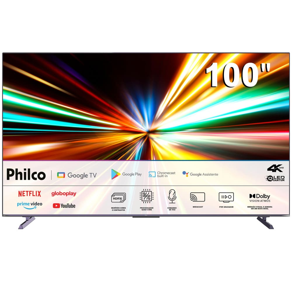 Smart TV 100" Philco Ultra HD 4K QLED P100SGA com Sistema Operacional Google TV, Processador Quad Core, Inteligência Artificial e Hands Free