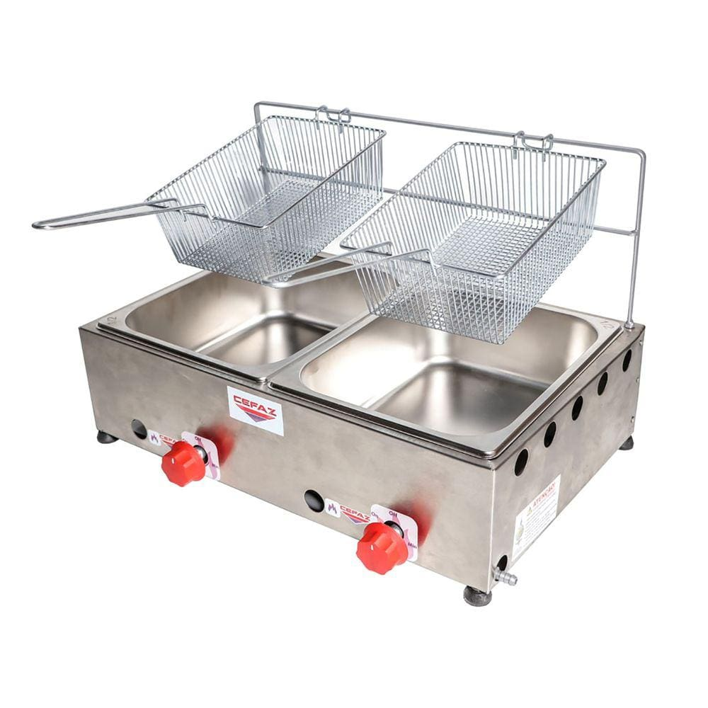 Fritadeira Industrial 2 Cubas Inox 5 Litros À Gás Profissional Salgado Porções Pastéis Baixa Pressão