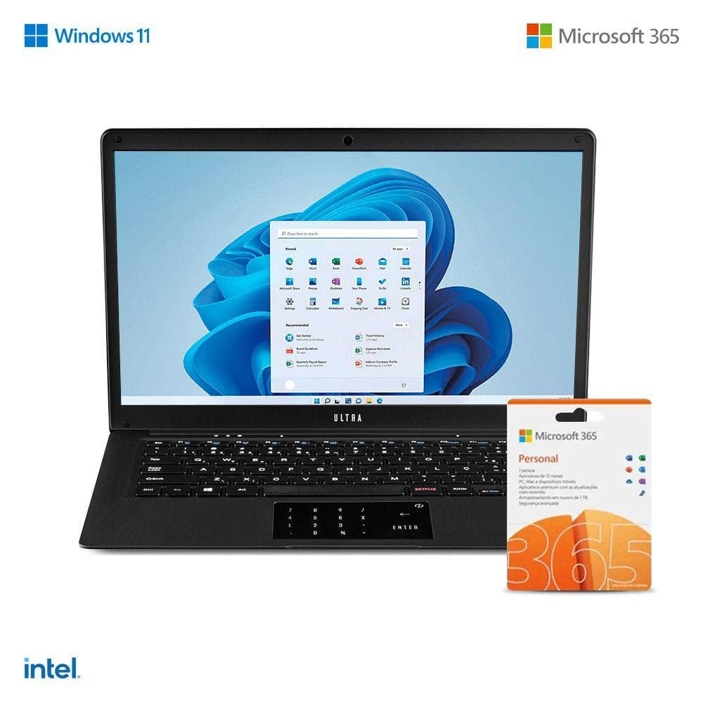 Notebook Ultra Windows 11 Home Intel Celeron 4GB 120GB SSD 14,1 Pol. HD, Preto - UB235 - Bivolt