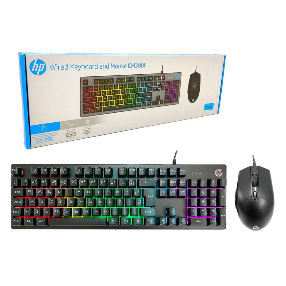 Kit Teclado e Mouse Gamer HP KM300F, USB, RGB, 6400 DPI, ABNT2