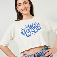 Camiseta Cropped Off-White Escrito Azul