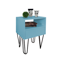 Mesa de Cabeceira Lateral Nicho com Gaveteiro Pés Hairpin Legs Estilo Industrial Azul Laca