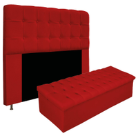 Kit Cabeceira e Calçadeira Baú Estofada Mel 195 cm King Size Com Capitonê Suede Vermelho - Amarena Móveis