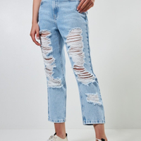 Calça Jeans Reta De Cintura Alta Com Rasgos